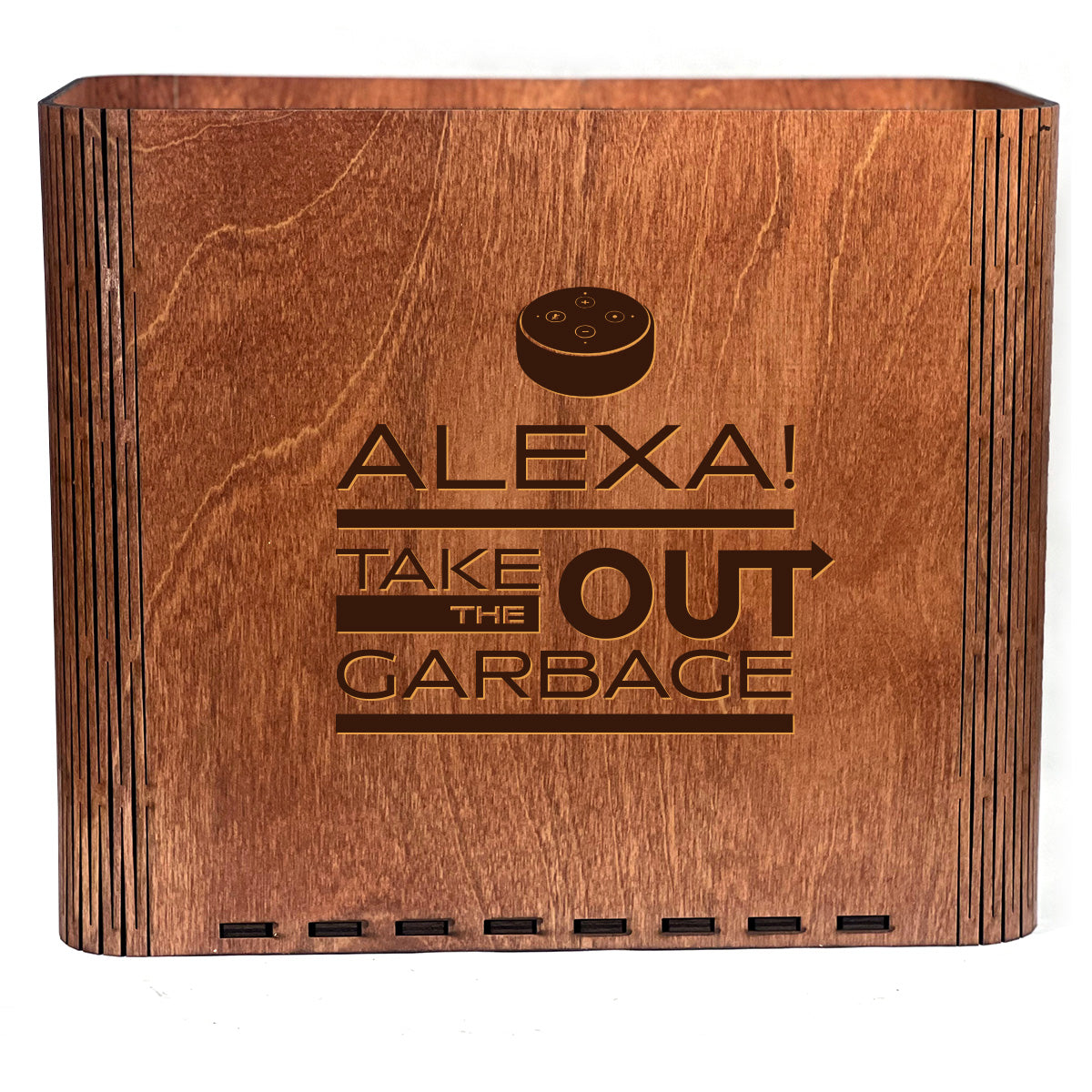 Slim Trash Can - "Alexa! Take Out the Garbage" - Wooden Garbage Bin