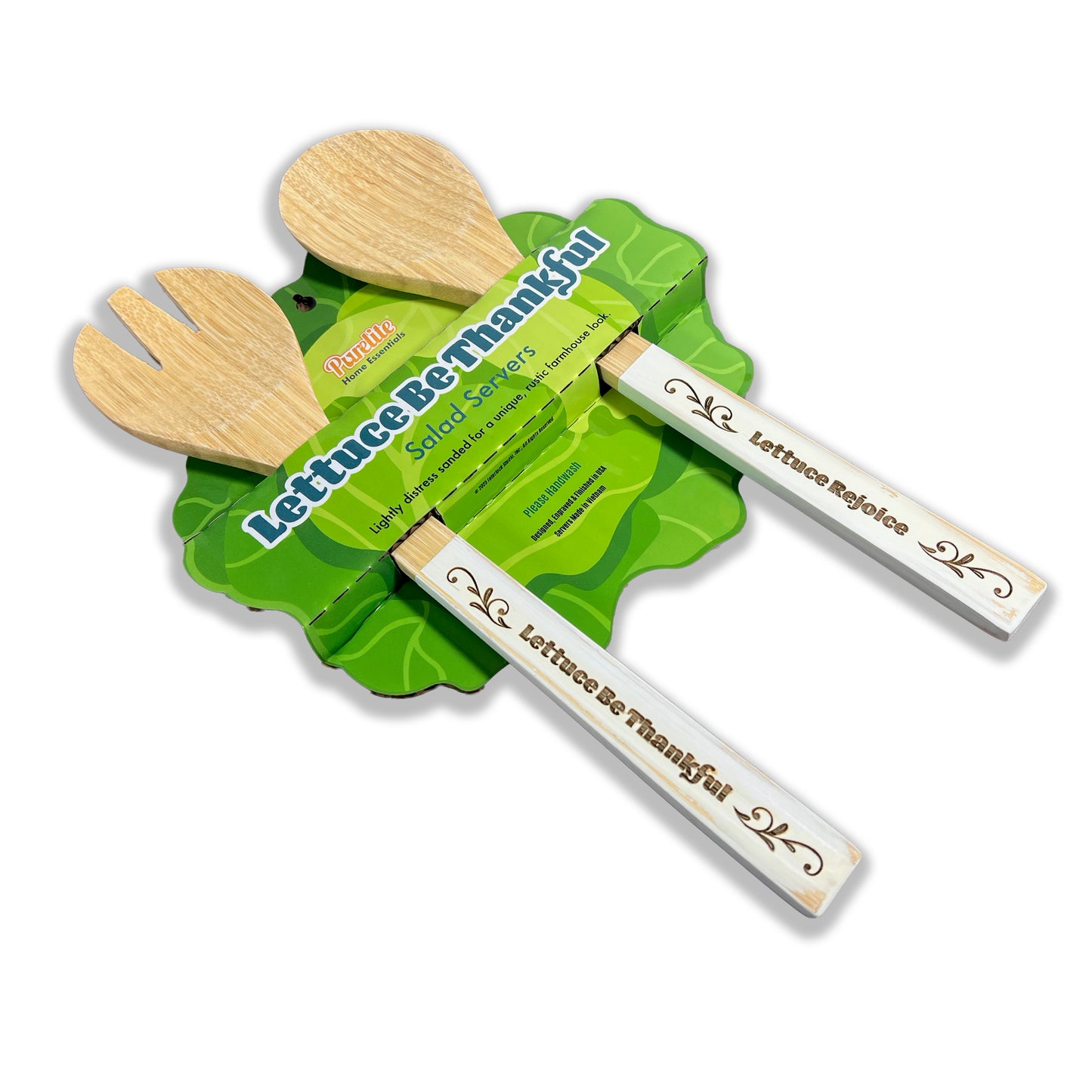 Funny Bamboo Salad Servers – Engraved “Lettuce Be Thankful” Wooden Utensils with Rustic White Handles