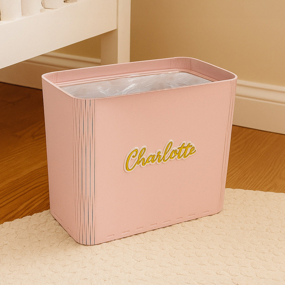 Personalized Slim Light Pink Wooden Trash Can for Bedroom or Bathroom