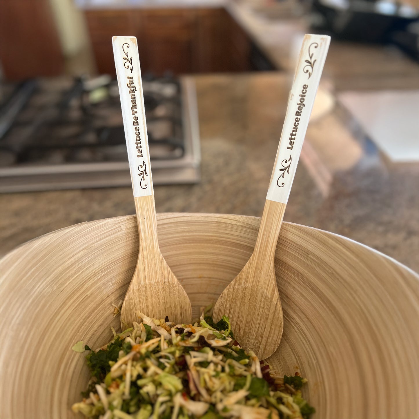 Funny Bamboo Salad Servers – Engraved “Lettuce Be Thankful” Wooden Utensils with Rustic White Handles