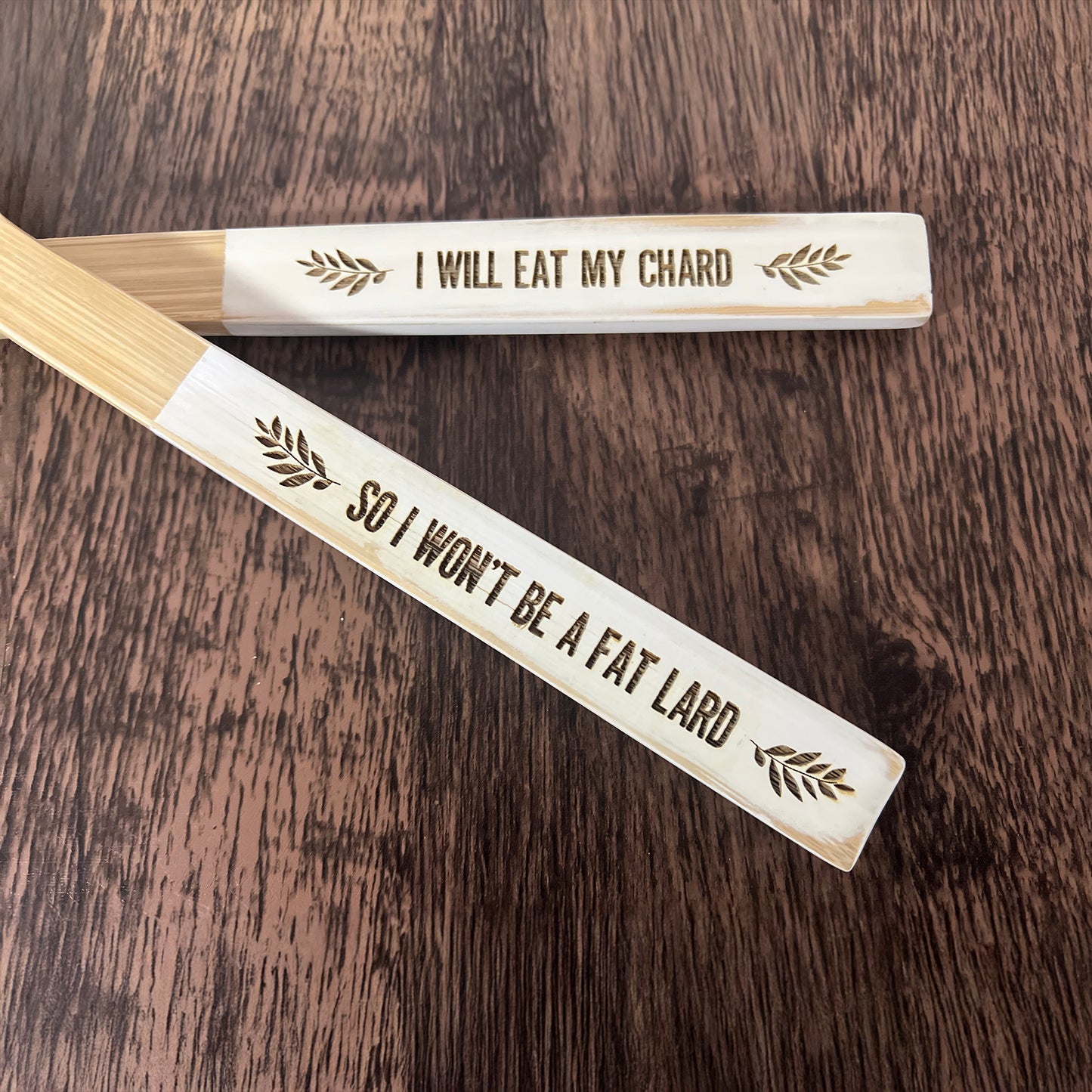 Funny Bamboo Salad Servers – Engraved “I Will Eat My Chard, So I Won't Be a Fat Lard” Wooden Utensils with Rustic White Handles