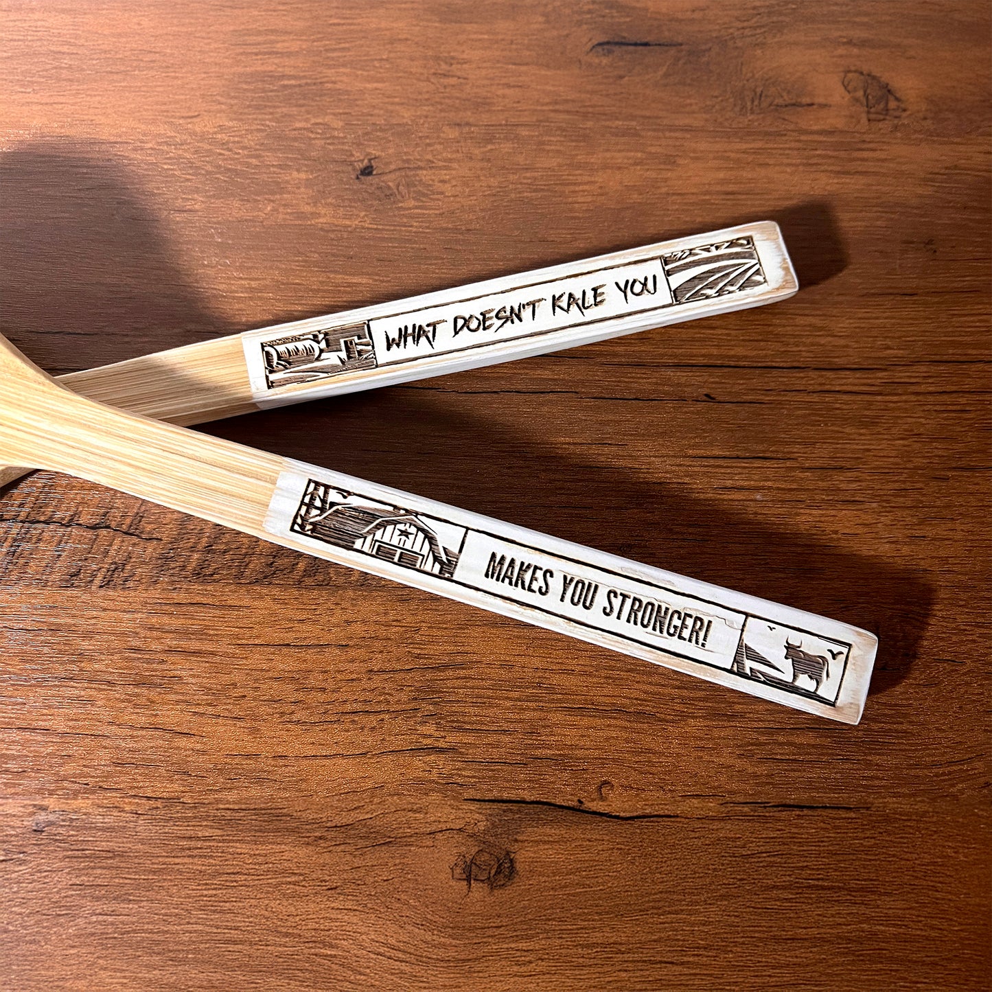 Funny Bamboo Salad Servers – Engraved “What Doesn't Kale You, Makes You Stronger” Wooden Utensils with Rustic White Handles