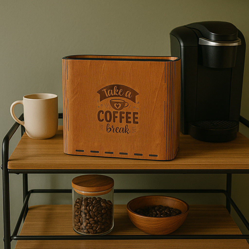 Slim Trash Can - "Take a Coffee Break" - Wooden Garbage Bin