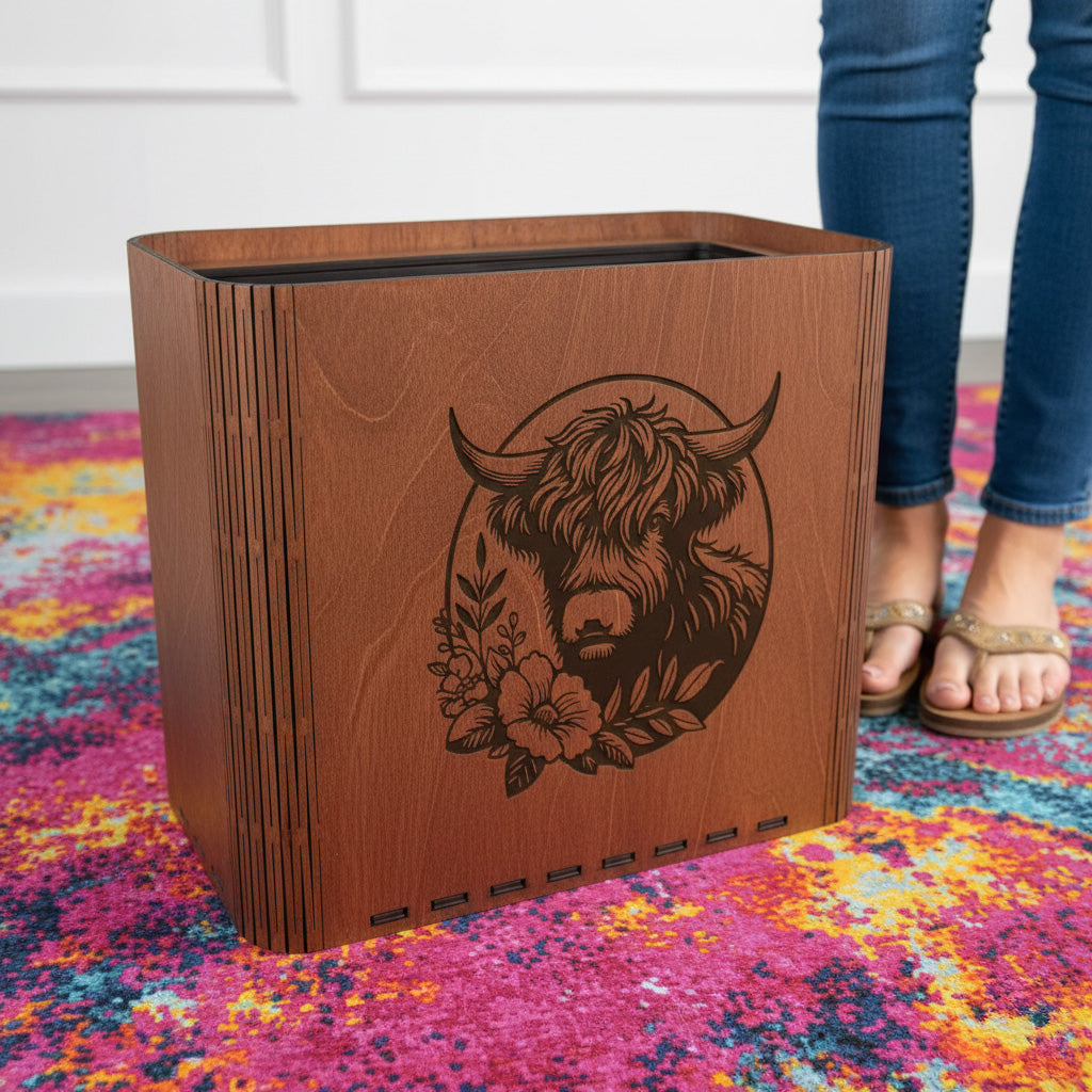Highland Cow Wooden Trash Can