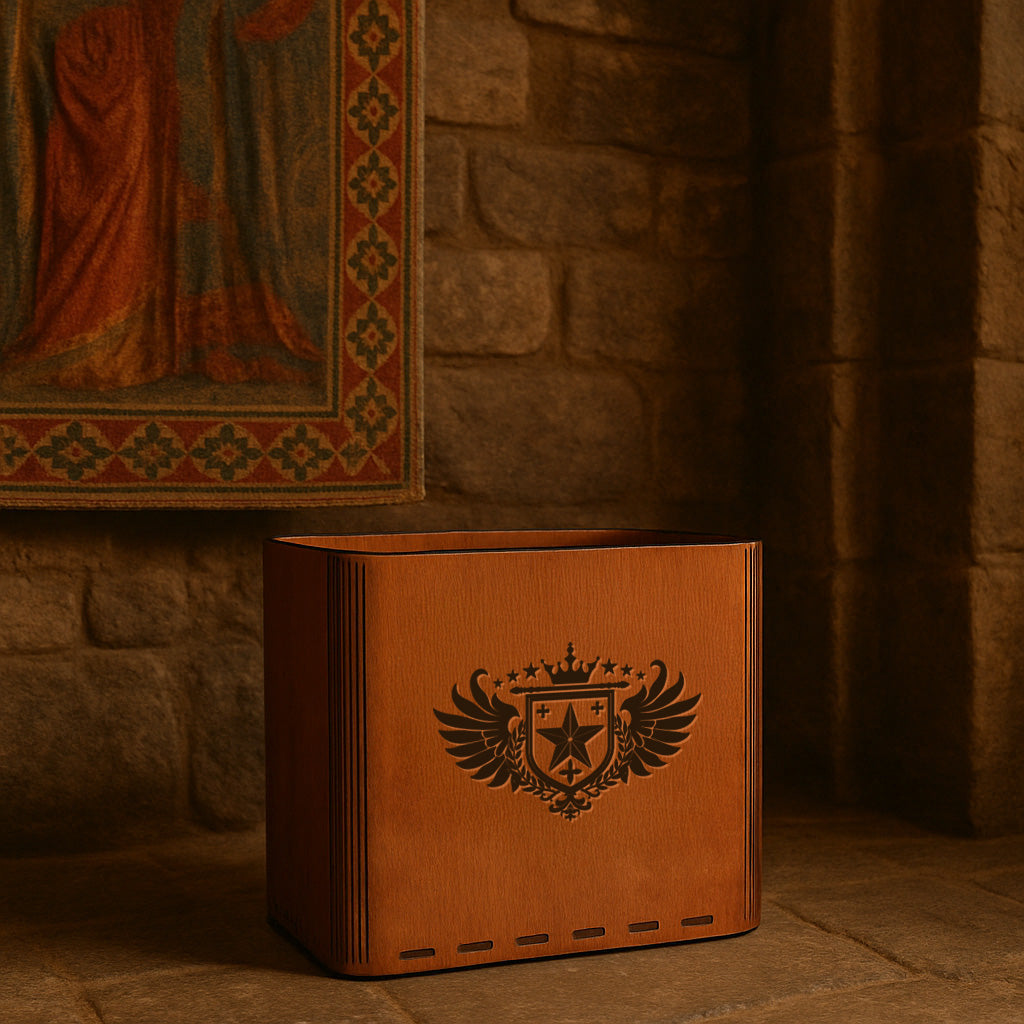 Slim Trash Can - Winged Family Crest - Wooden Garbage Bin