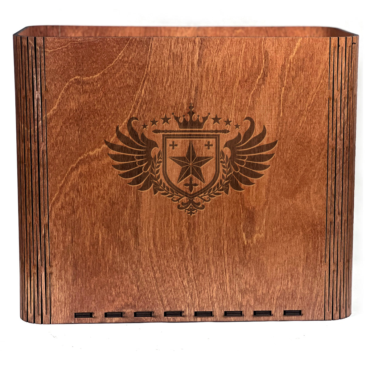 Slim Trash Can - Winged Family Crest - Wooden Garbage Bin