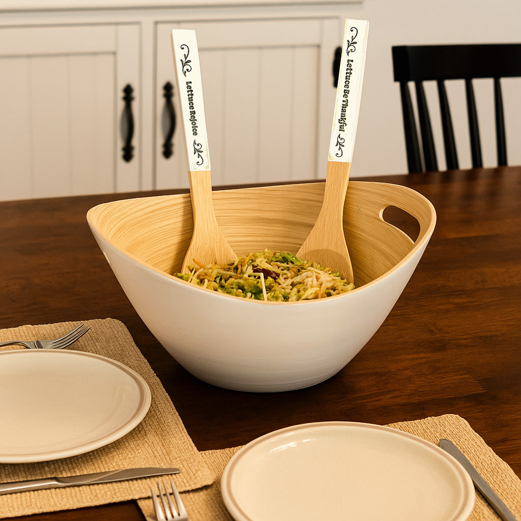 Funny Bamboo Salad Servers – Engraved “Lettuce Be Thankful” Wooden Utensils with Rustic White Handles