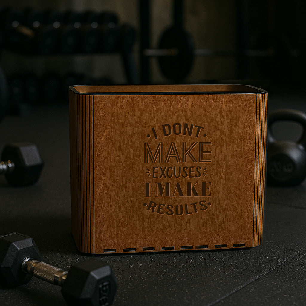Slim Trash Can - "I don't make excuses, I make results" - Wooden Garbage Bin