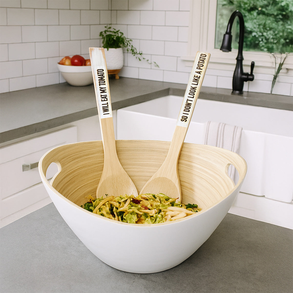 Funny Bamboo Salad Servers – Engraved “I Will Eat My Tomato, So I Don't Look Like a Potato” Wooden Utensils with Rustic White Handles