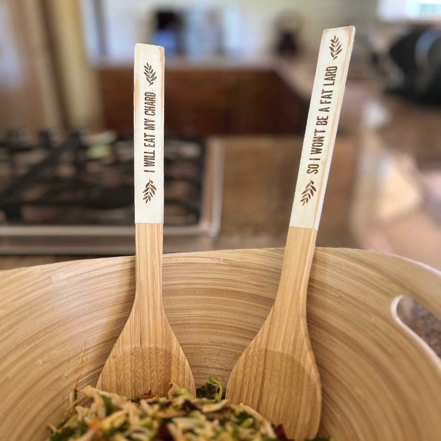 Funny Bamboo Salad Servers – Engraved “I Will Eat My Chard, So I Won't Be a Fat Lard” Wooden Utensils with Rustic White Handles