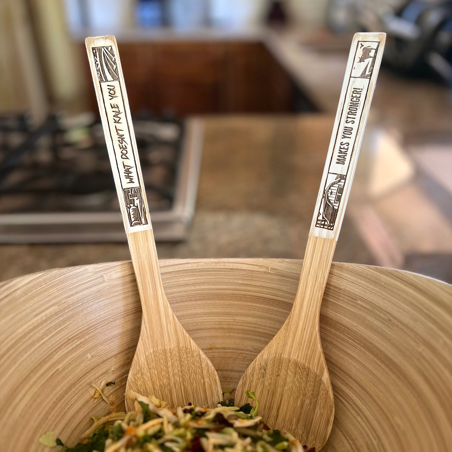 Funny Bamboo Salad Servers – Engraved “What Doesn't Kale You, Makes You Stronger” Wooden Utensils with Rustic White Handles