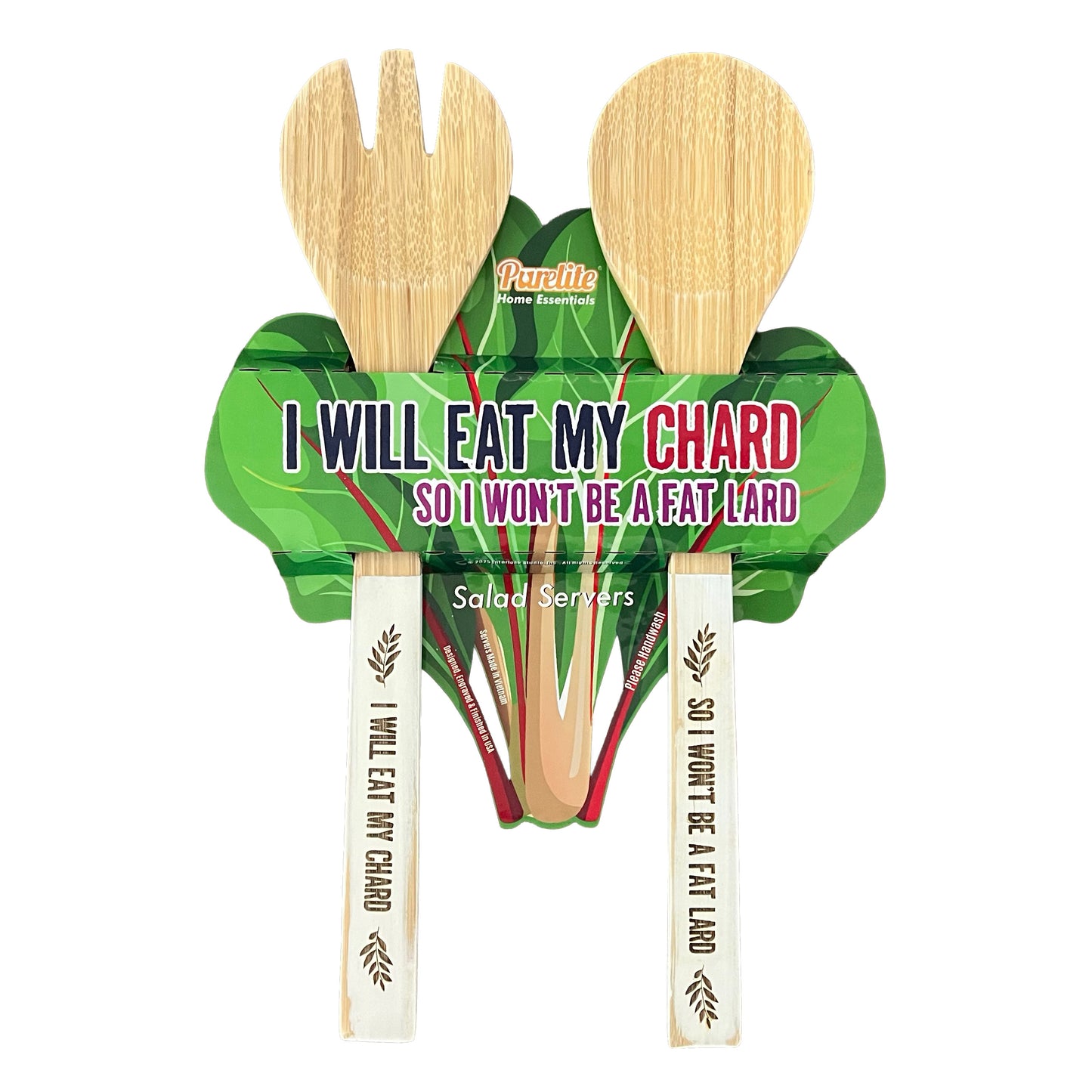 Funny Bamboo Salad Servers – Engraved “I Will Eat My Chard, So I Won't Be a Fat Lard” Wooden Utensils with Rustic White Handles