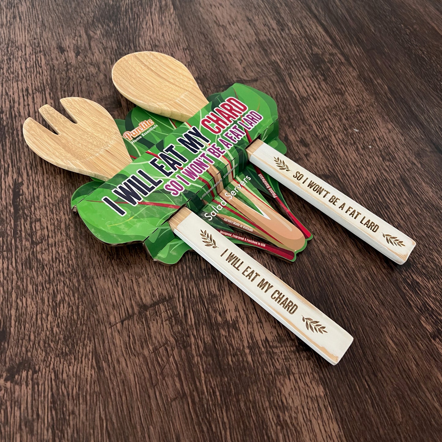 Funny Bamboo Salad Servers – Engraved “I Will Eat My Chard, So I Won't Be a Fat Lard” Wooden Utensils with Rustic White Handles