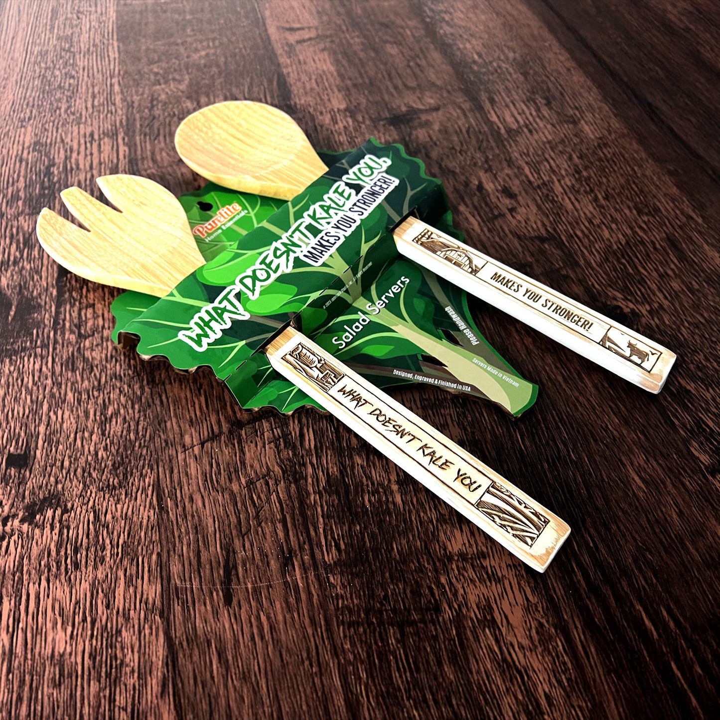 Funny Bamboo Salad Servers – Engraved “What Doesn't Kale You, Makes You Stronger” Wooden Utensils with Rustic White Handles