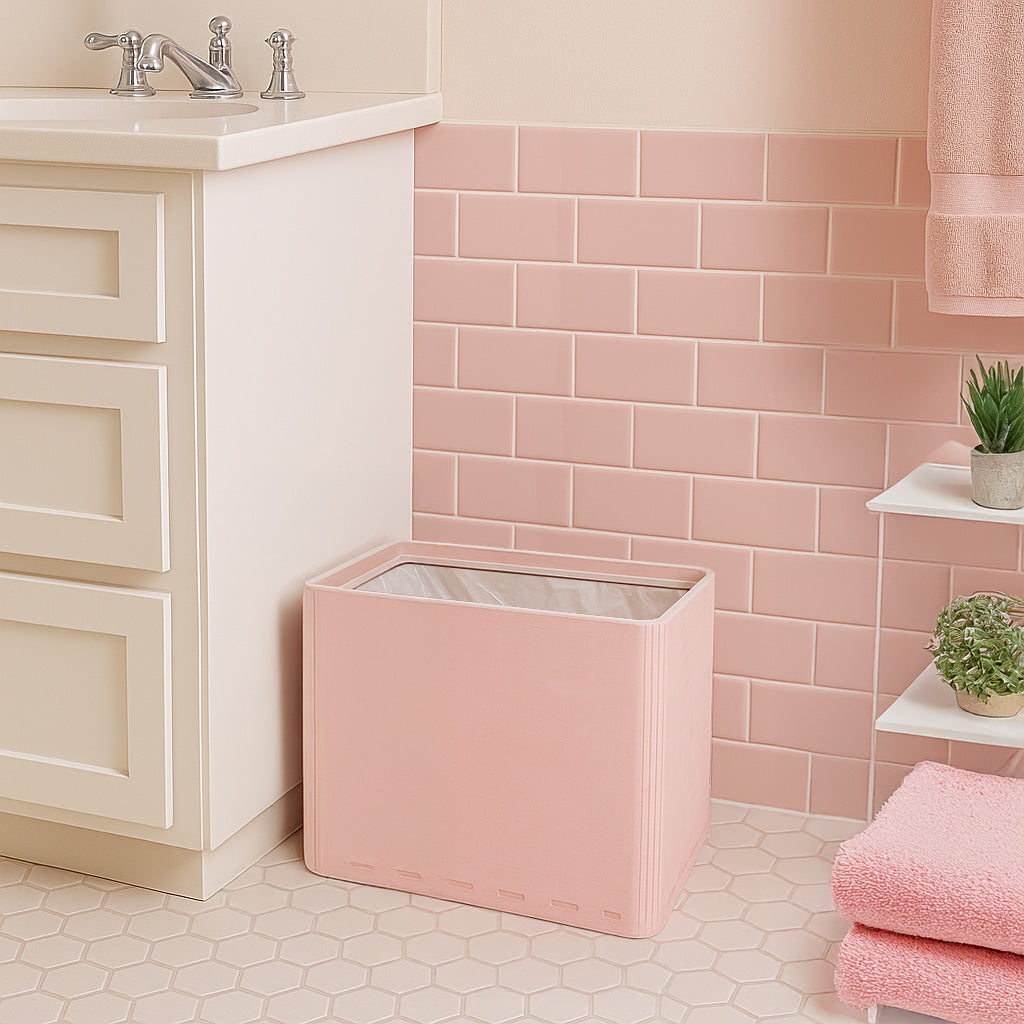 Slim Light Pink Wooden Trash Can for Bedroom or Bathroom