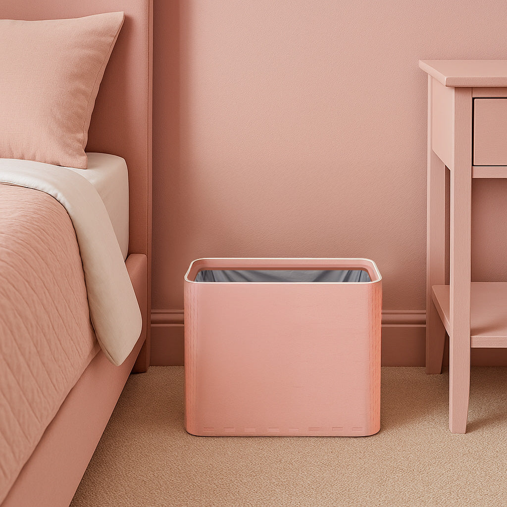 Slim Light Pink Wooden Trash Can for Bedroom or Bathroom