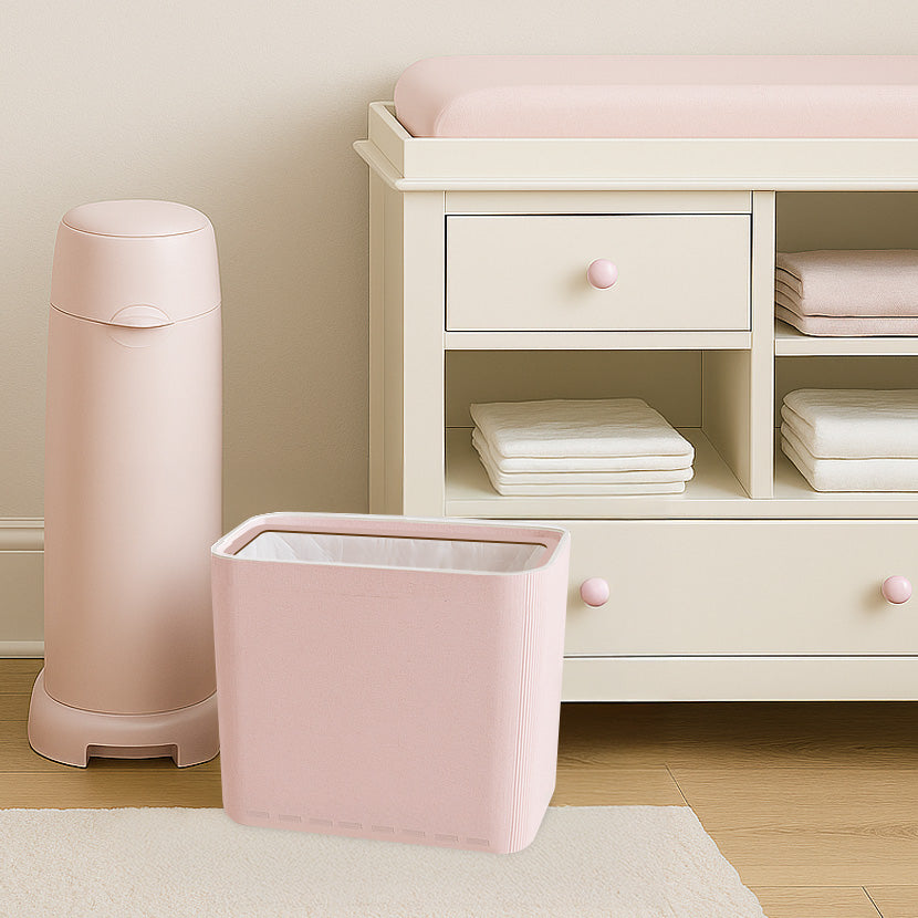 Slim Light Pink Wooden Trash Can for Bedroom or Bathroom