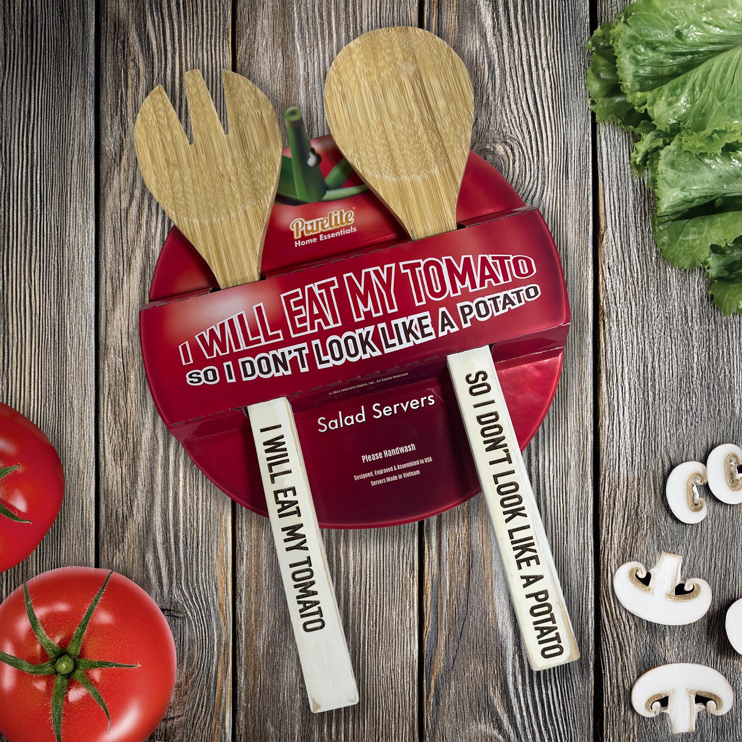 Funny Bamboo Salad Servers – Engraved “I Will Eat My Tomato, So I Don't Look Like a Potato” Wooden Utensils with Rustic White Handles