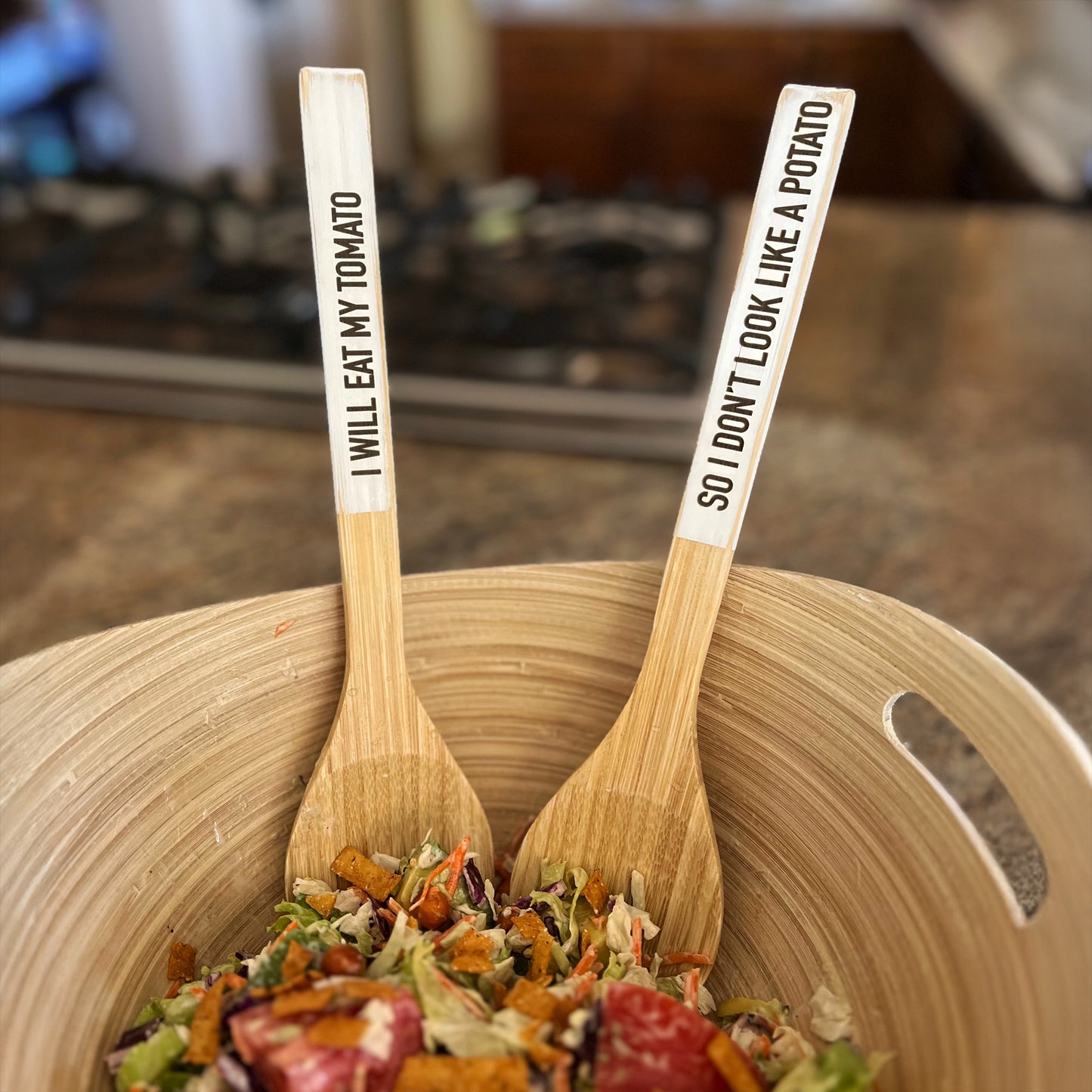 Funny Bamboo Salad Servers – Engraved “I Will Eat My Tomato, So I Don't Look Like a Potato” Wooden Utensils with Rustic White Handles