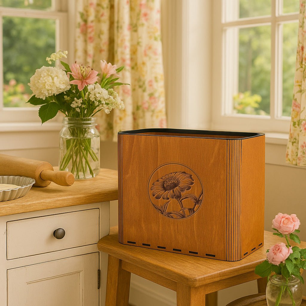 Slim Trash Can - Zinnia Flower - Wooden Garbage Bin