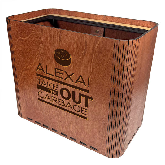 Slim Trash Can - "Alexa! Take Out the Garbage" - Wooden Garbage Bin