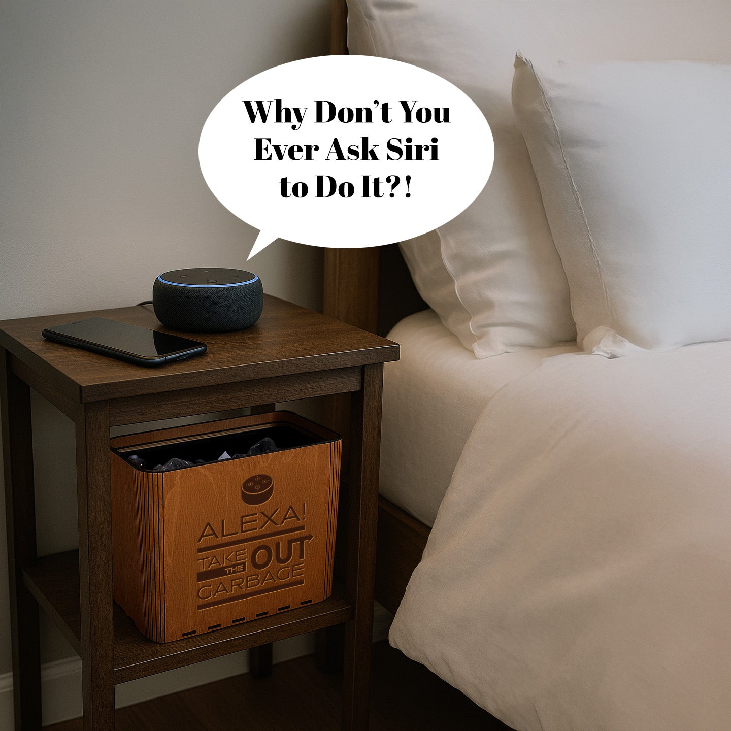 Slim Trash Can - "Alexa! Take Out the Garbage" - Wooden Garbage Bin