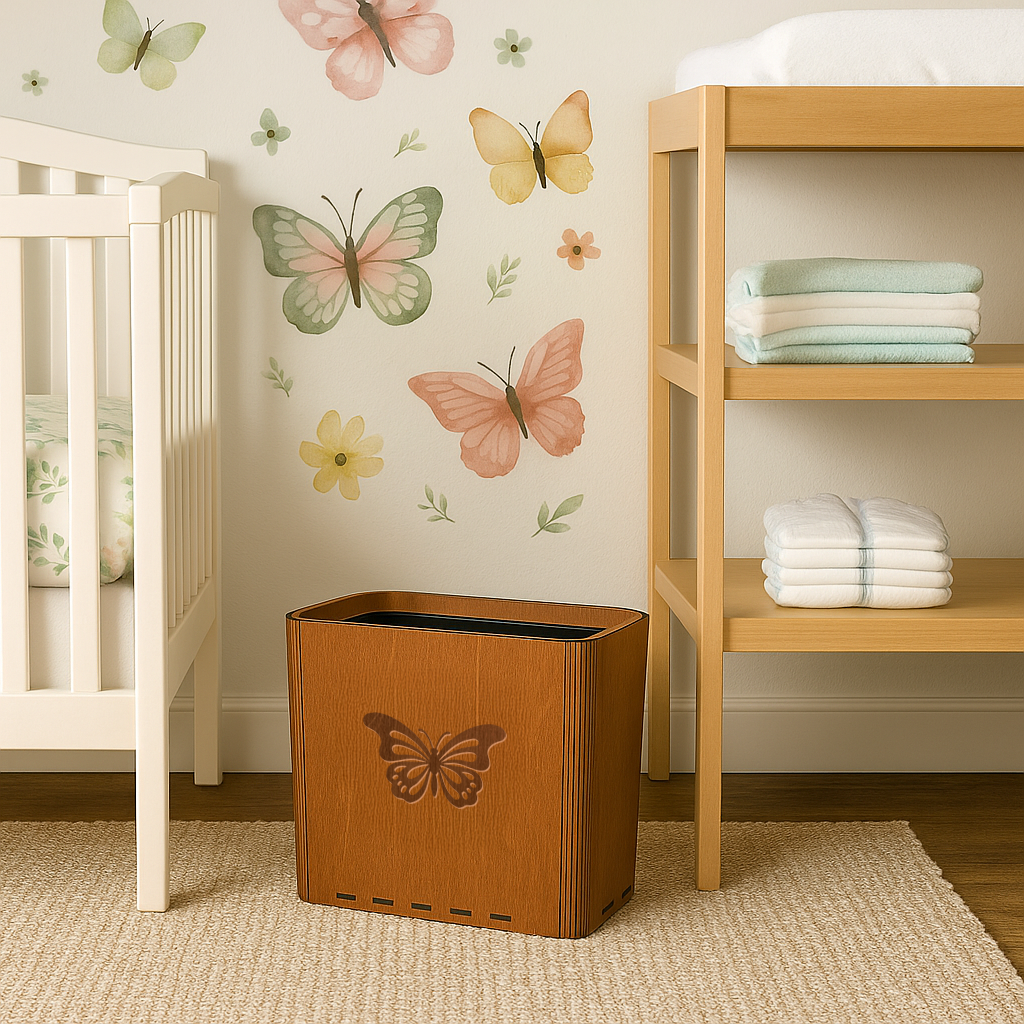 Slim Trash Can - Butterfly - Wooden Garbage Bin for Girls's Bedroom