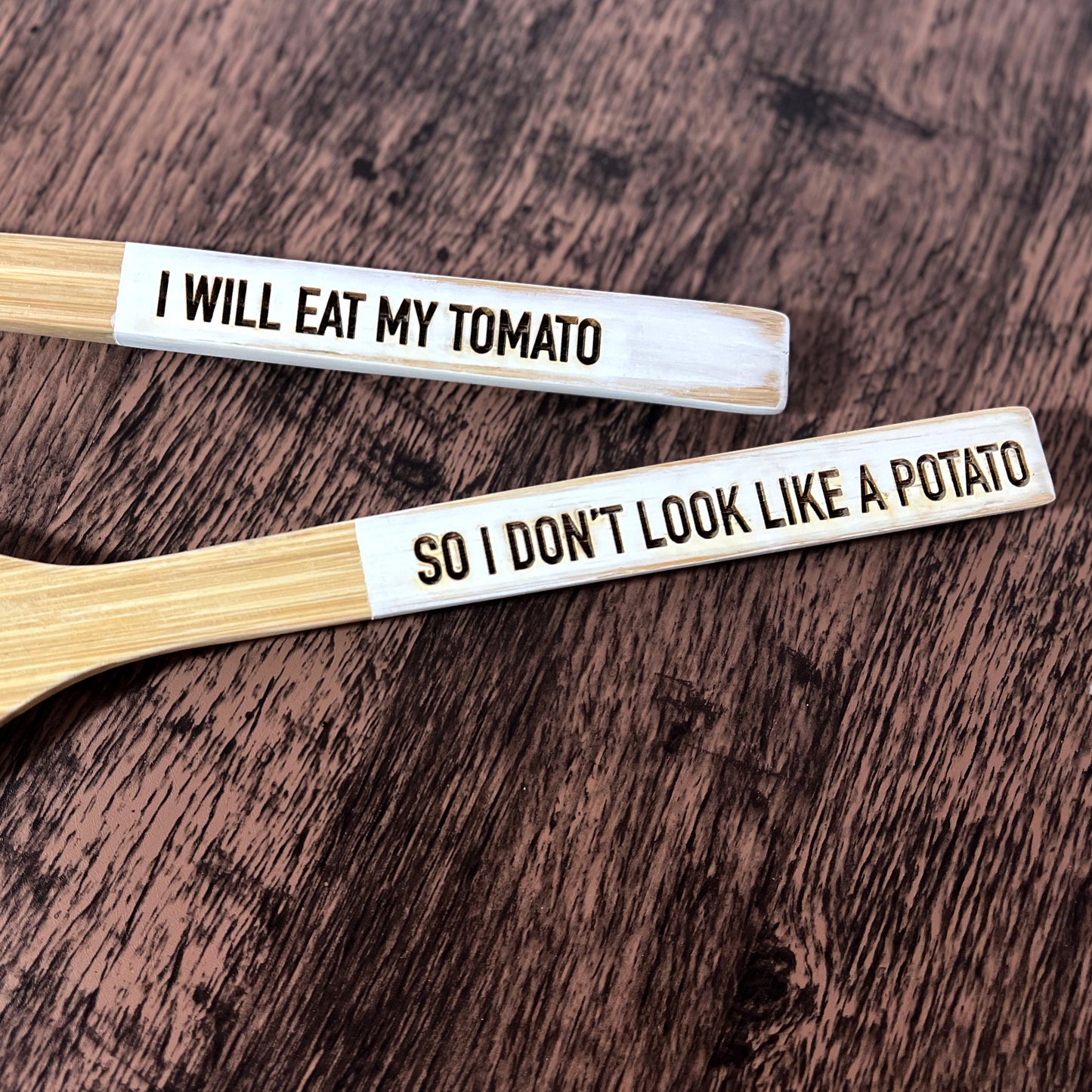 Funny Bamboo Salad Servers – Engraved “I Will Eat My Tomato, So I Don't Look Like a Potato” Wooden Utensils with Rustic White Handles