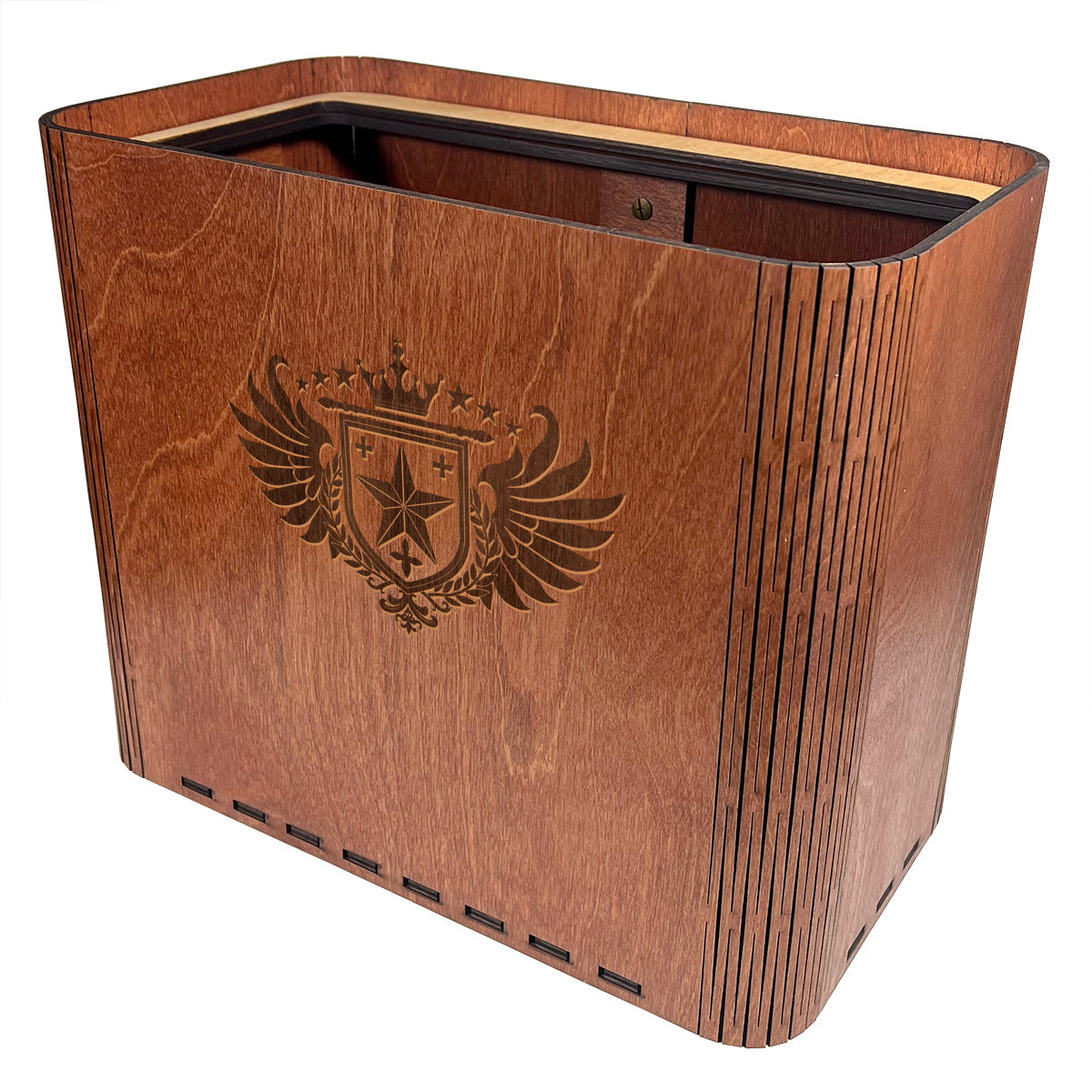 Slim Trash Can -  Winged Family Crest - Wooden Garbage Bin