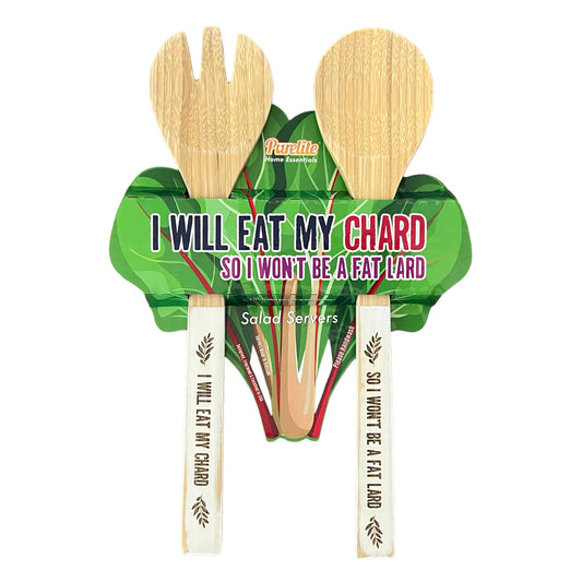 Funny Bamboo Salad Servers – Engraved “I Will Eat My Chard, So I Won't Be a Fat Lard” Wooden Utensils with Rustic White Handles