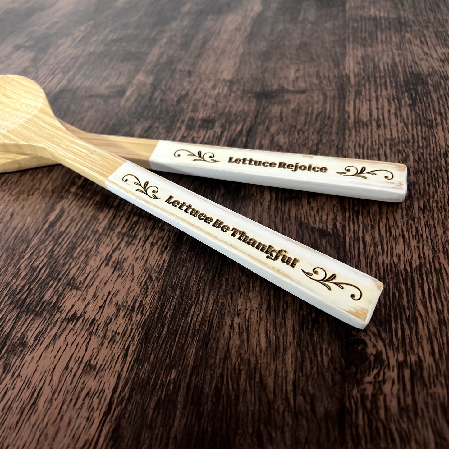 Funny Bamboo Salad Servers – Engraved “Lettuce Be Thankful” Wooden Utensils with Rustic White Handles