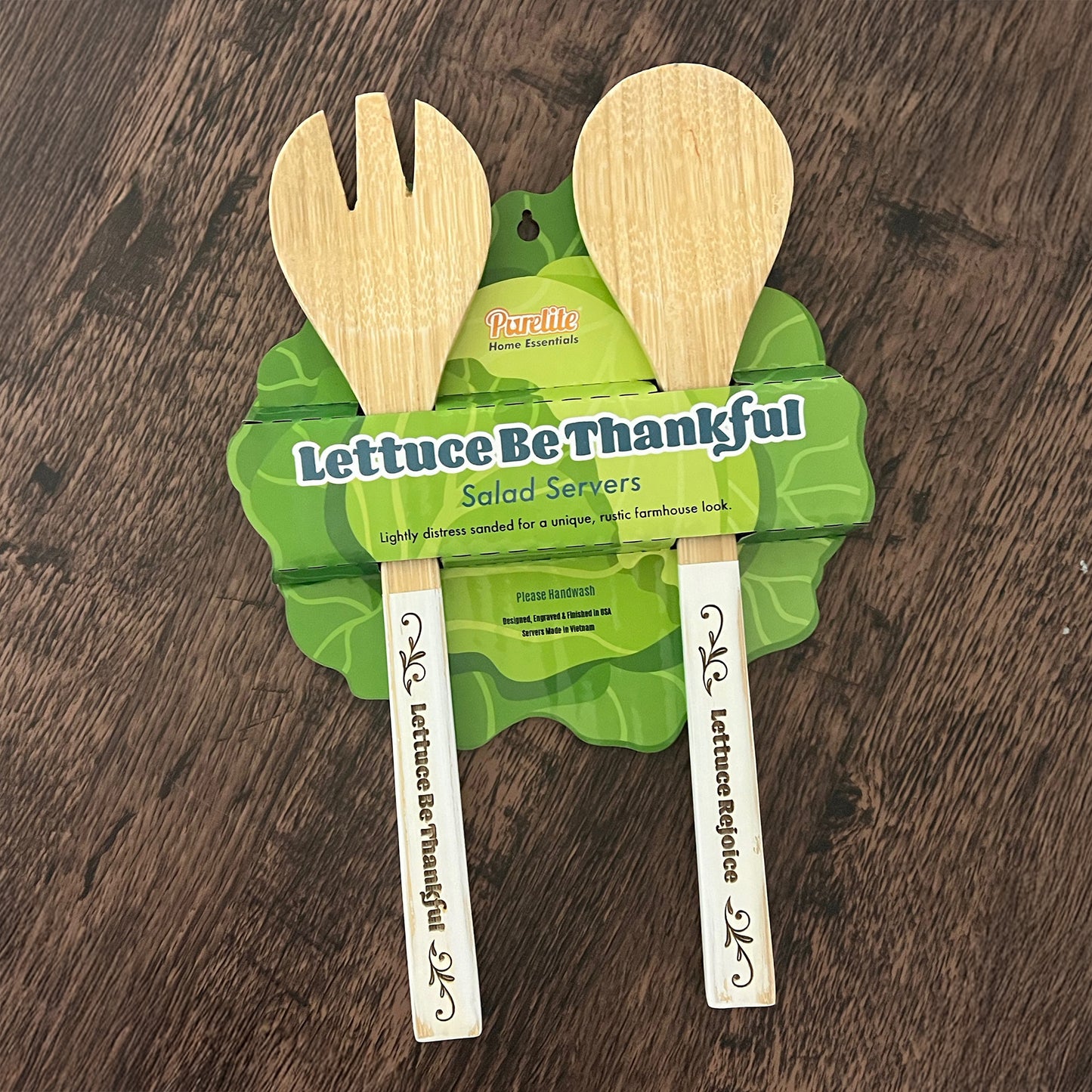 Funny Bamboo Salad Servers – Engraved “Lettuce Be Thankful” Wooden Utensils with Rustic White Handles