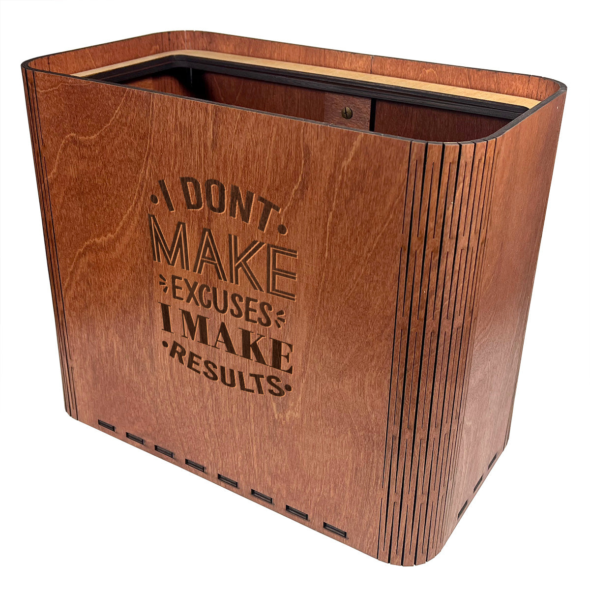 Slim Trash Can - "I don't make excuses, I make results" - Wooden Garbage Bin