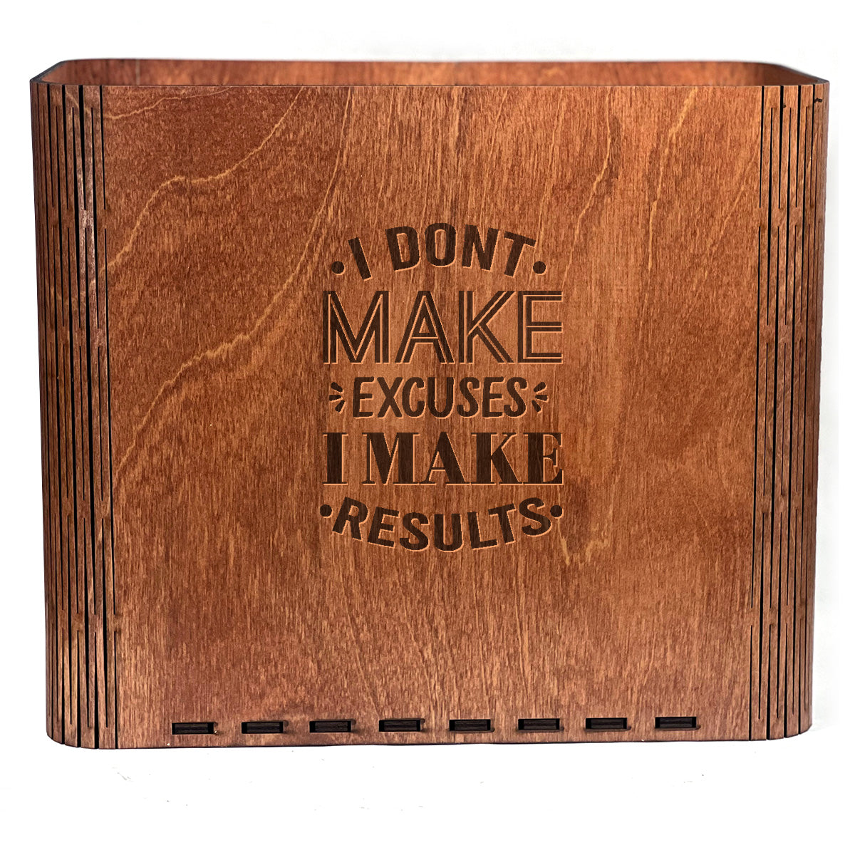 Slim Trash Can - "I don't make excuses, I make results" - Wooden Garbage Bin