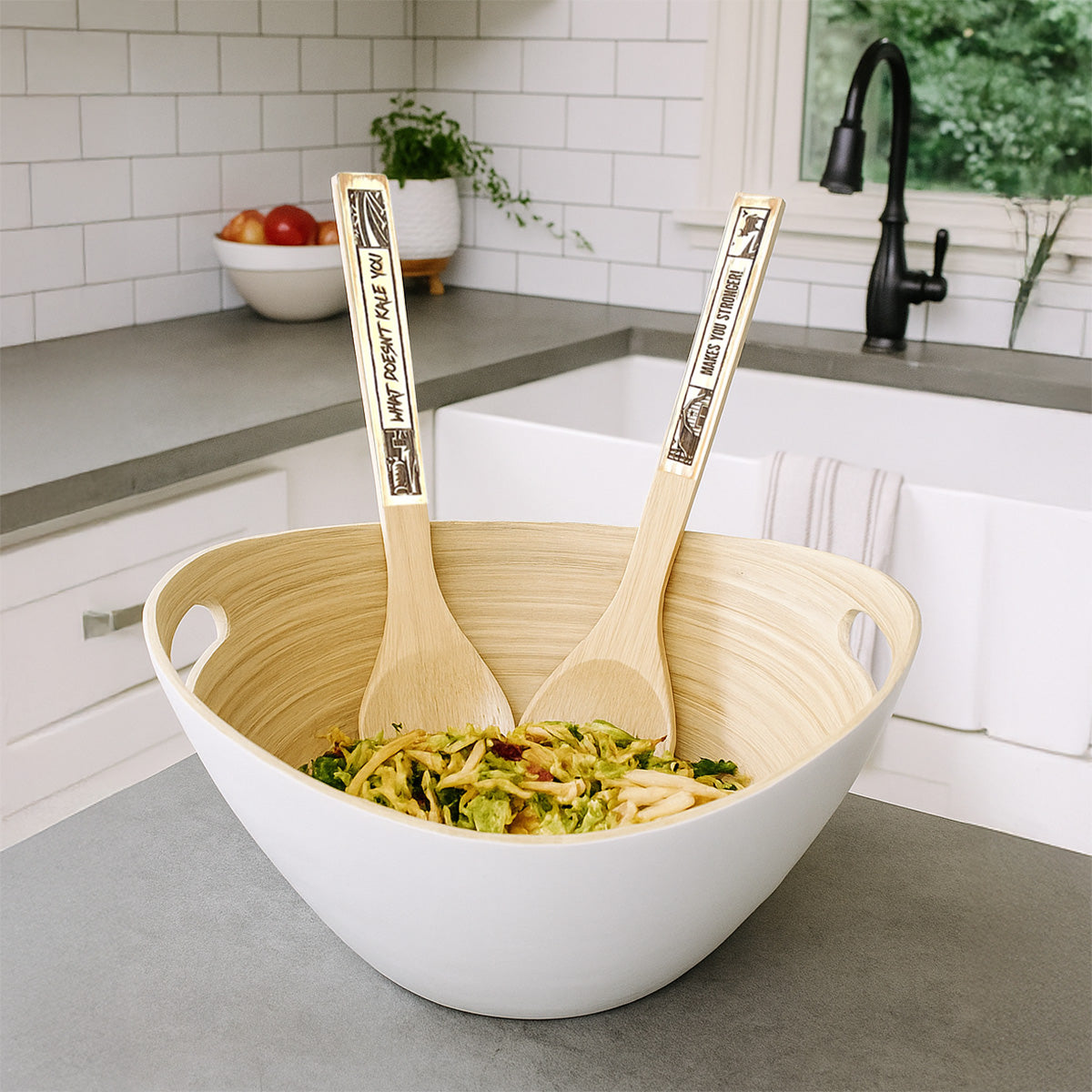 Funny Bamboo Salad Servers – Engraved “What Doesn't Kale You, Makes You Stronger” Wooden Utensils with Rustic White Handles
