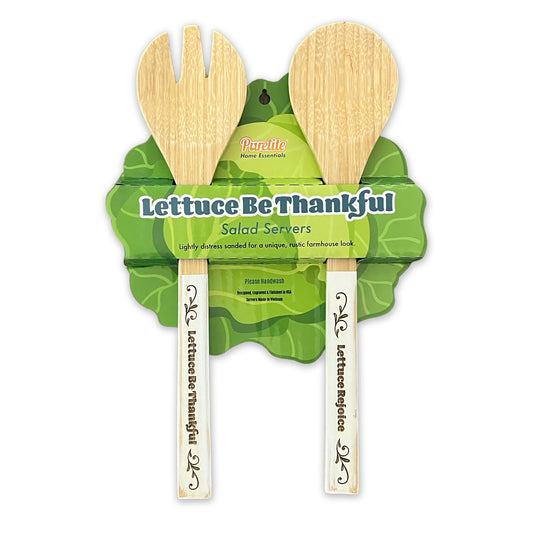 Funny Bamboo Salad Servers – Engraved “Lettuce Be Thankful” Wooden Utensils with Rustic White Handles