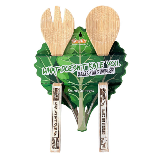 Funny Bamboo Salad Servers – Engraved “What Doesn't Kale You, Makes You Stronger” Wooden Utensils with Rustic White Handles