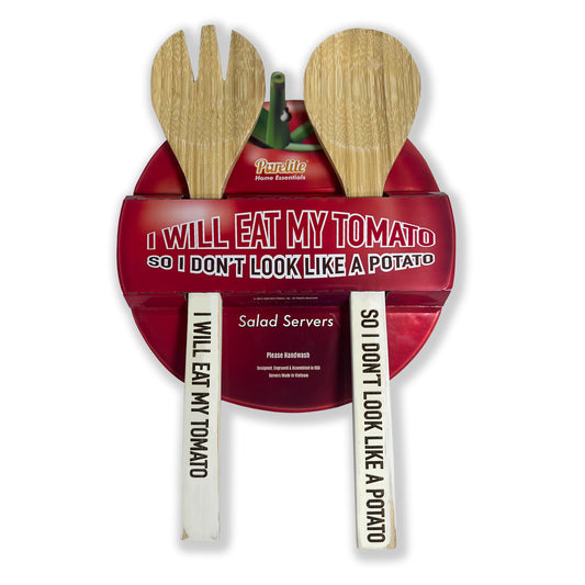 Funny Bamboo Salad Servers – Engraved “I Will Eat My Tomato, So I Don't Look Like a Potato” Wooden Utensils with Rustic White Handles